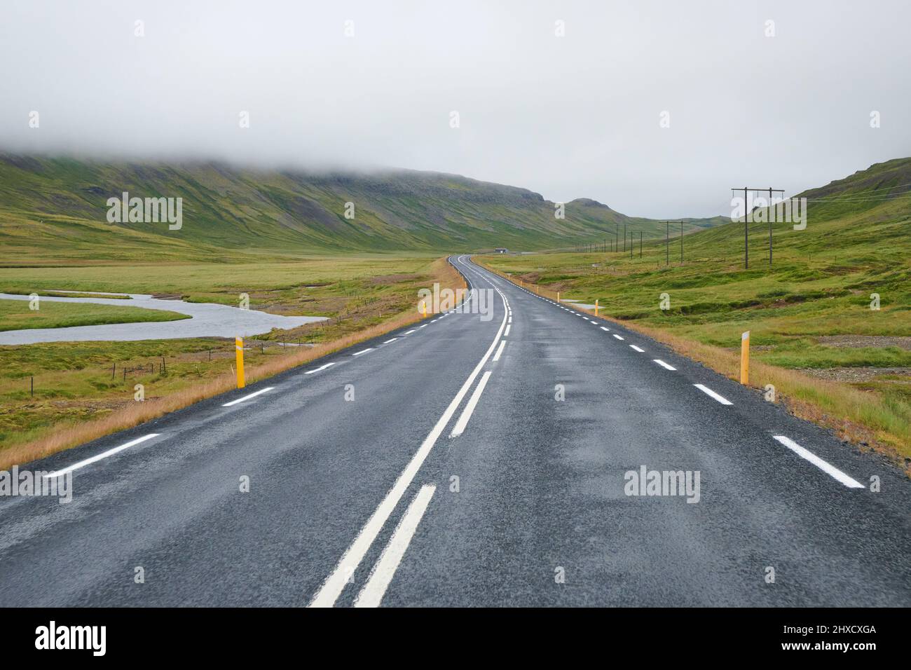 road, rain. Summer, Vesturland, Iceland Stock Photo