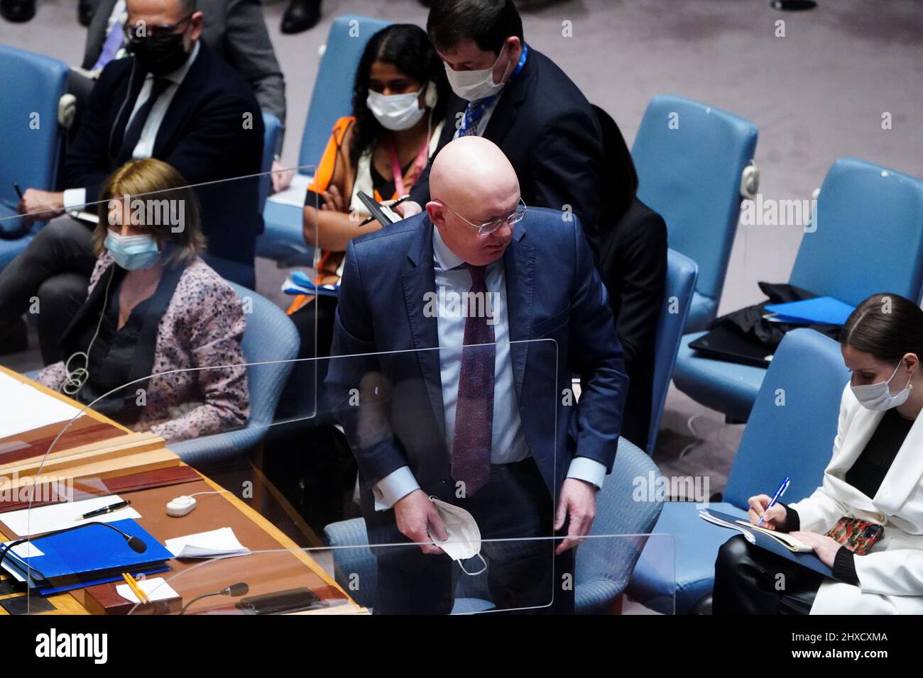 Russia's Ambassador to the U.N. Vasily Nebenzya gets up to leave for a break during the United Nations Security Council meeting on Threats to International Peace and Security, following Russia's invasion of Ukraine, in New York City, U.S. March 11, 2022. REUTERS/Carlo Allegri Stock Photo
