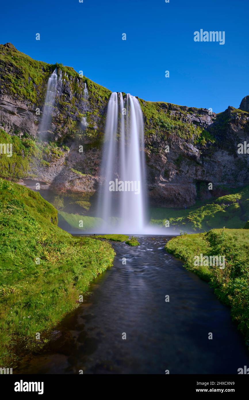 Waterfall, Summer, Seljalandsfoss, Storidalur, Sudurland, SuÃ°urnes, Iceland Stock Photo