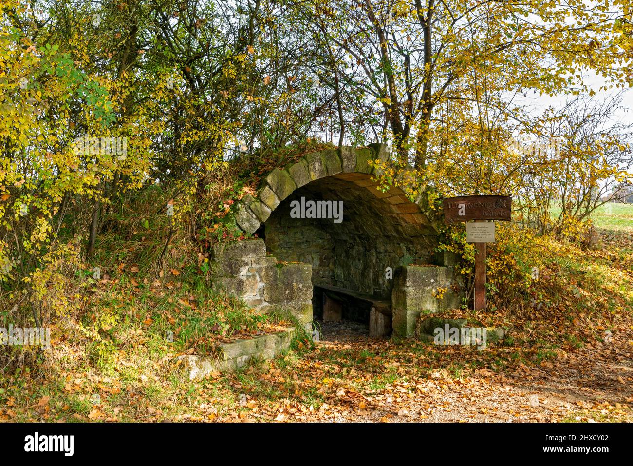 Wengerterhäusle, for shelter during storms or for a break during field work. During the invasion on April 20, 1945, the flak soldier Michel B. hid here. Stock Photo