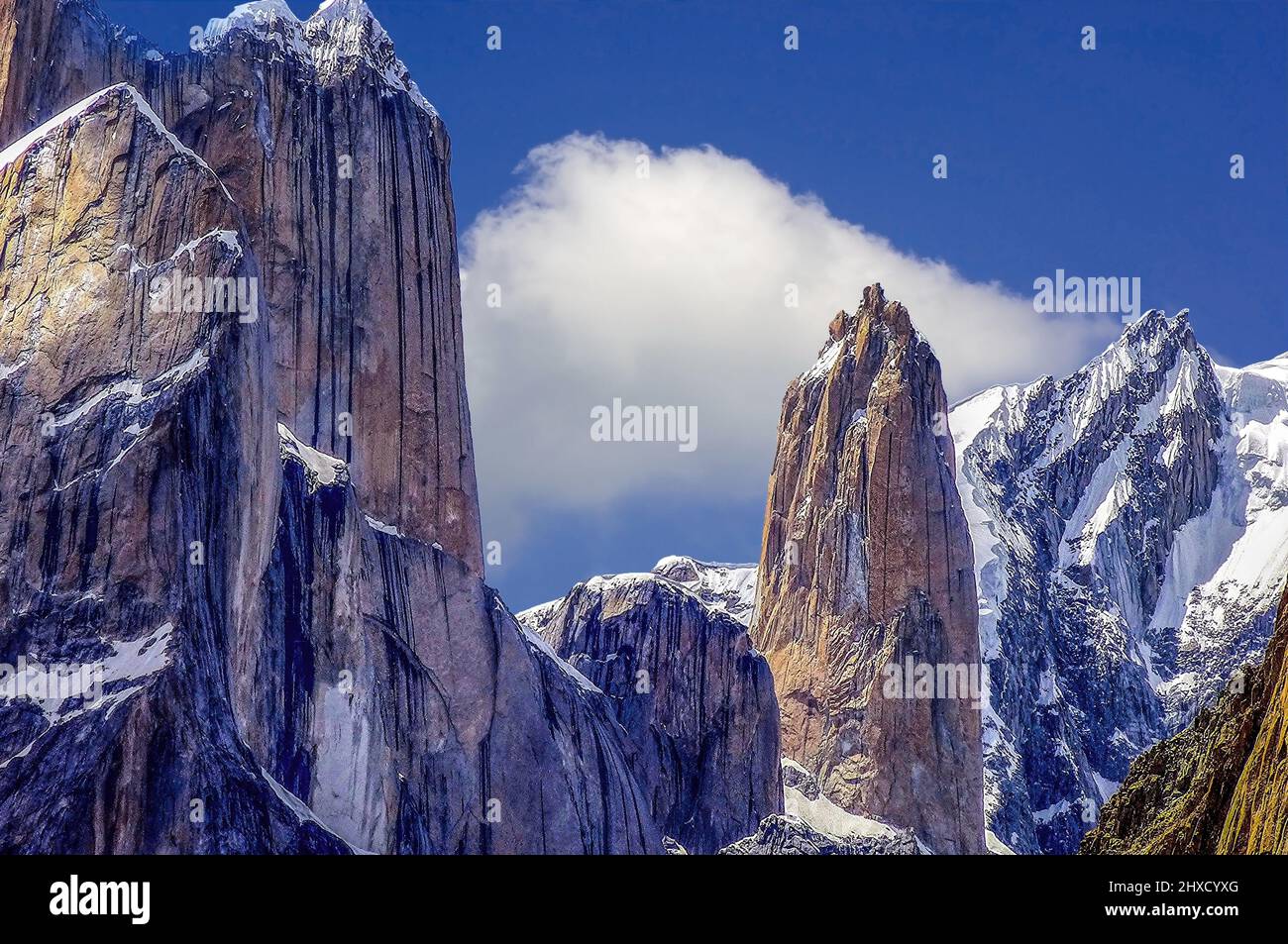 Trango Towers 6,286 m high are a family of rock towers situated in Gilgit-Baltistan, in the north of Pakistan Stock Photo