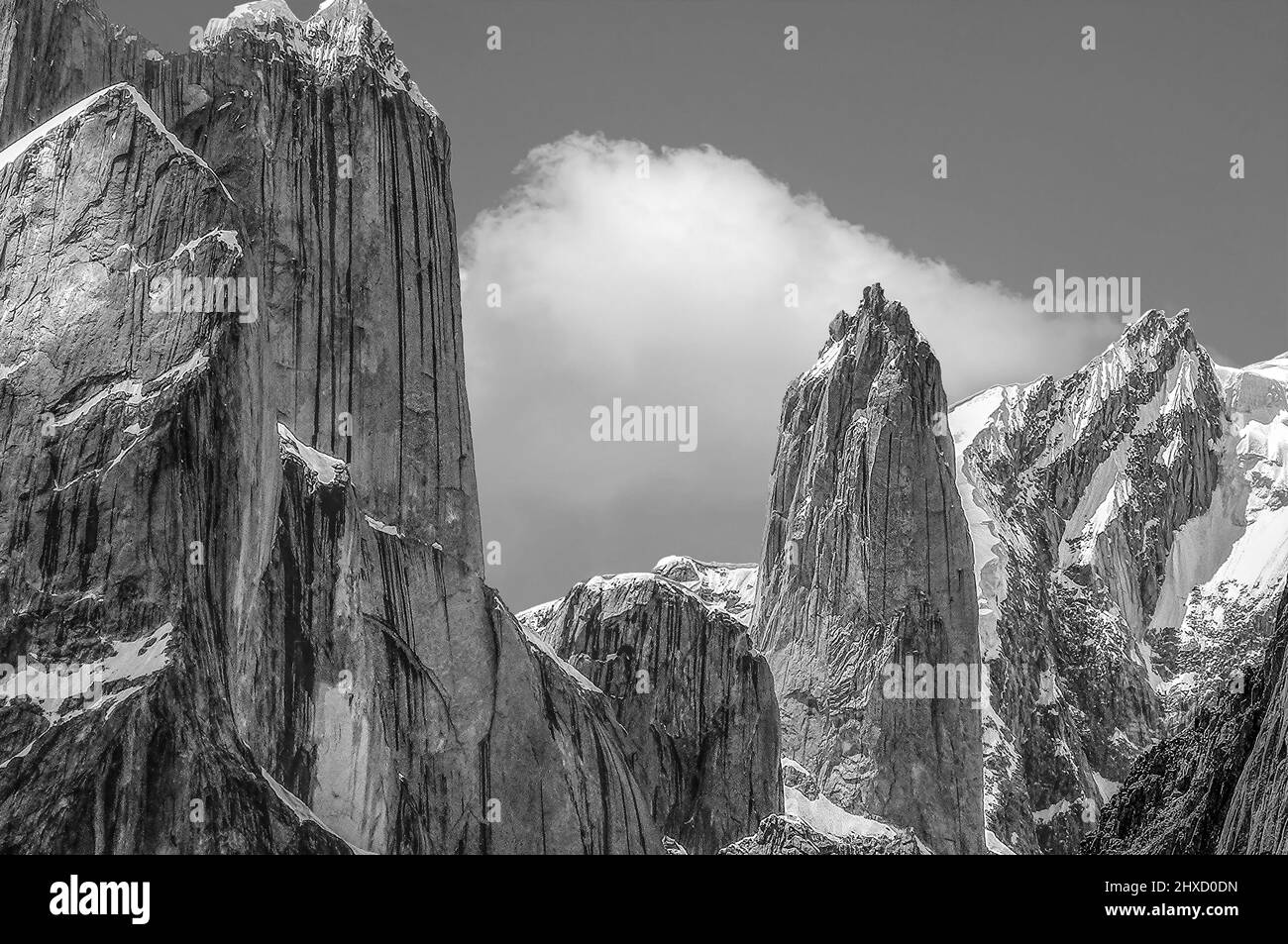 The Trango Towers are a family of rock towers situated in Gilgit-Baltistan, in the north of Pakistan Stock Photo