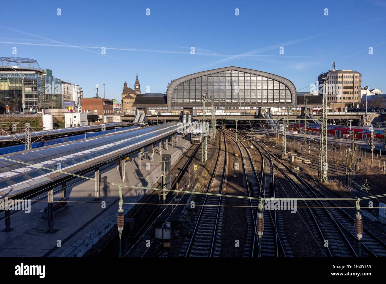 Hanseatic city Hamburg, view of the tracks and the main station with train and suburban train Stock Photo