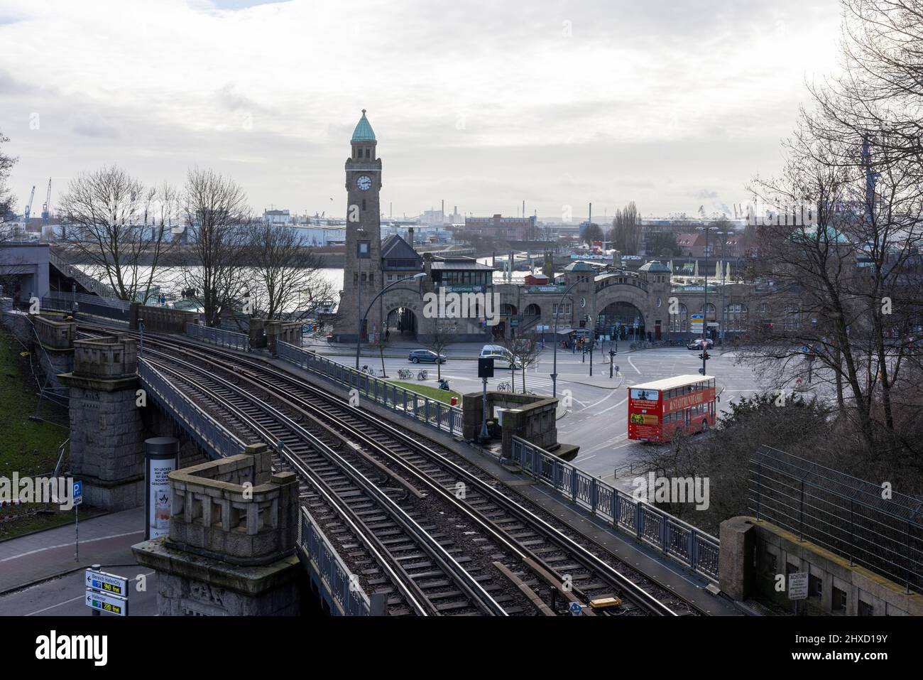 Hanseatic city Hamburg, view over the subway tracks to the landing stages Stock Photo