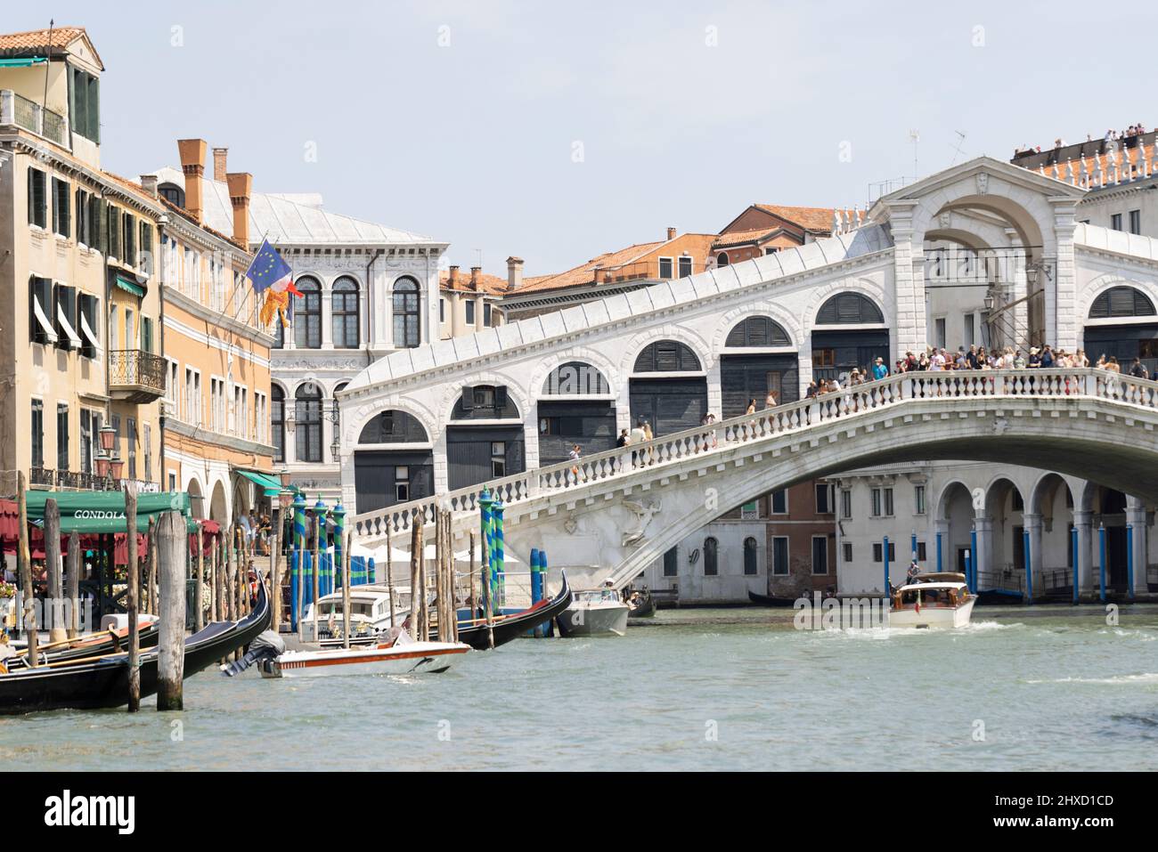 View from the canal to the Rialto Bridge at the Grand Canal in Venice ...