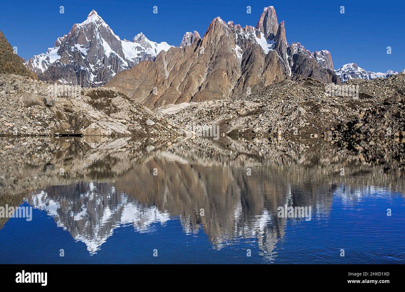 The beautiful Paiju Peak, or Paiyu Peak, 6,610 m high stands near the Trango Towers, which are a group of rock towers that stand in Gilgit-Baltistan. Stock Photo