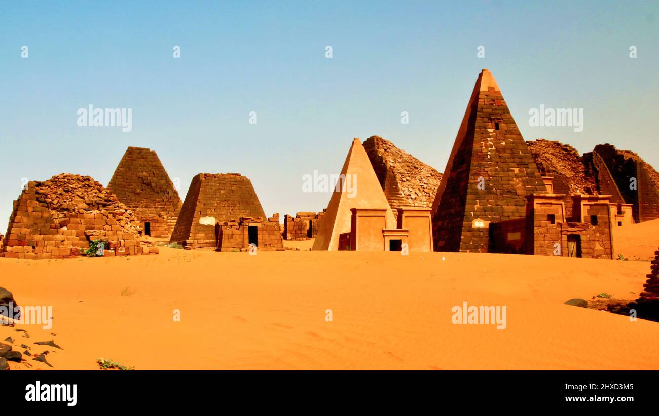 Meroe pyramids were built by the rulers of the ancient Kushite kingdoms. The area of the Nile valley known as Nubia Stock Photo