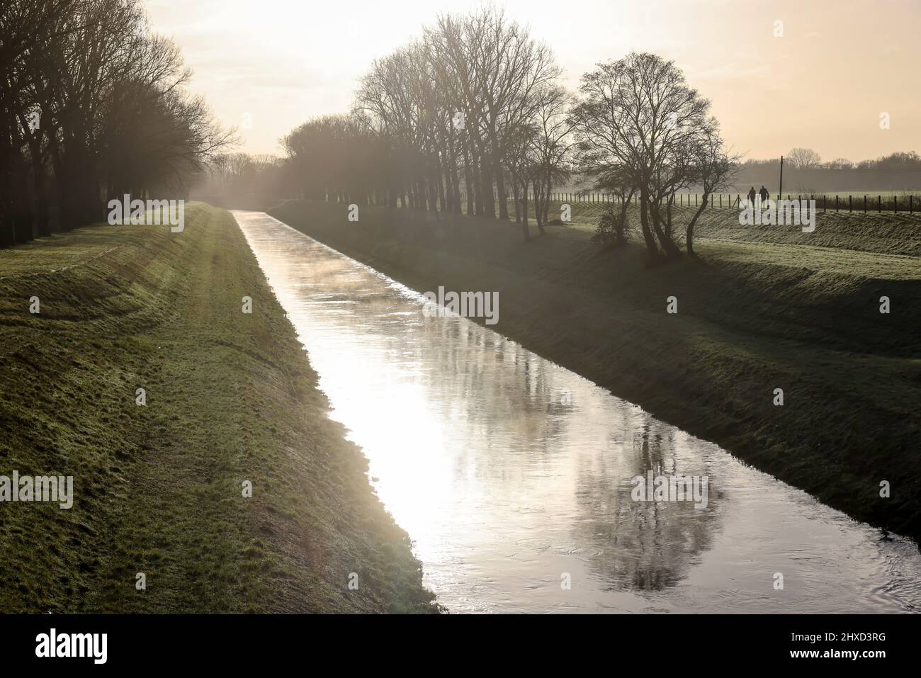 Dinslaken, North Rhine-Westphalia, Germany - The Emscher River has been completely free of wastewater since January 2022 following the construction of a parallel sewer. The river was previously an open, above-ground wastewater canal, combined sewer with surface water and sewage. Stock Photo