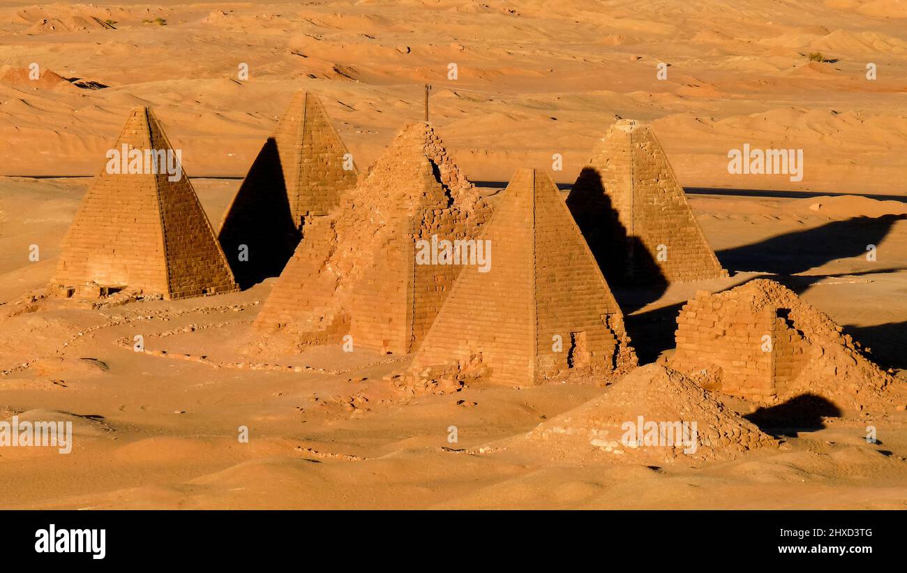 Pyramids of Meroe are part of the larger group of Nubian pyramids, built at the time of the Kushite Kingdom over a period close to a millennium Stock Photo