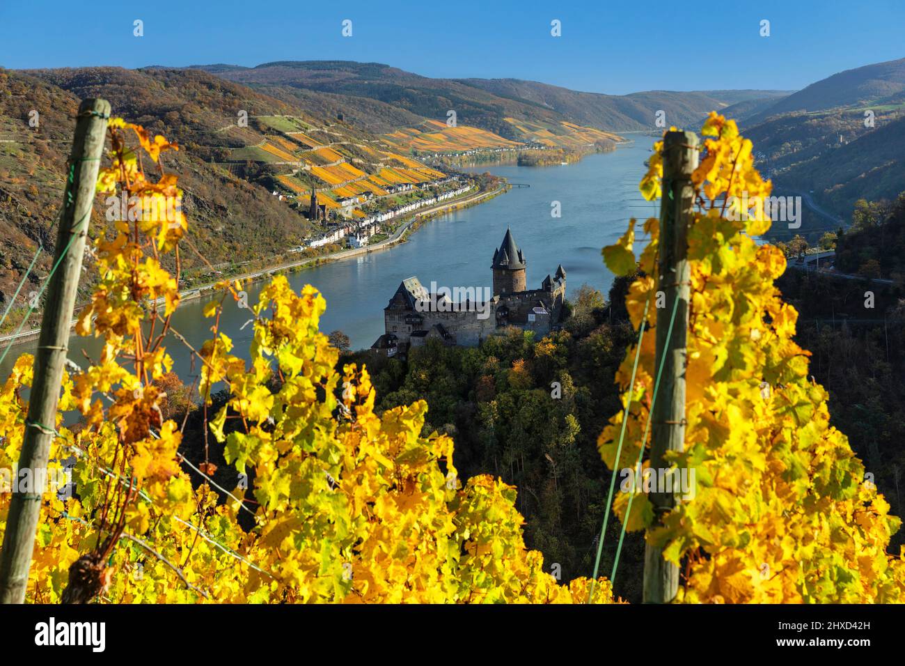 Stahleck Castle and Rhine, Bacharach, Upper Middle Rhine Valley, Rhineland-Palatinate, Germany Stock Photo