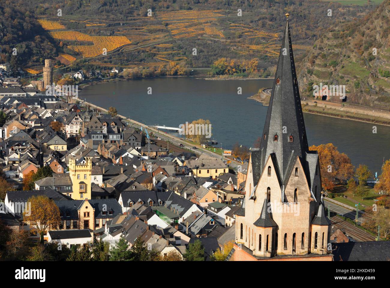 Oberwesel with Liebfrauenkirche and Rhine, Upper Middle Rhine Valley, Rhineland-Palatinate, Germany Stock Photo