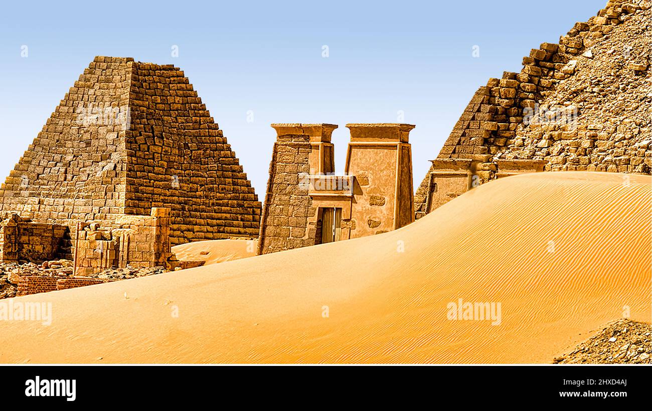 Historic Pyramids of Meroe in the Nubian desert of Sudan Stock Photo