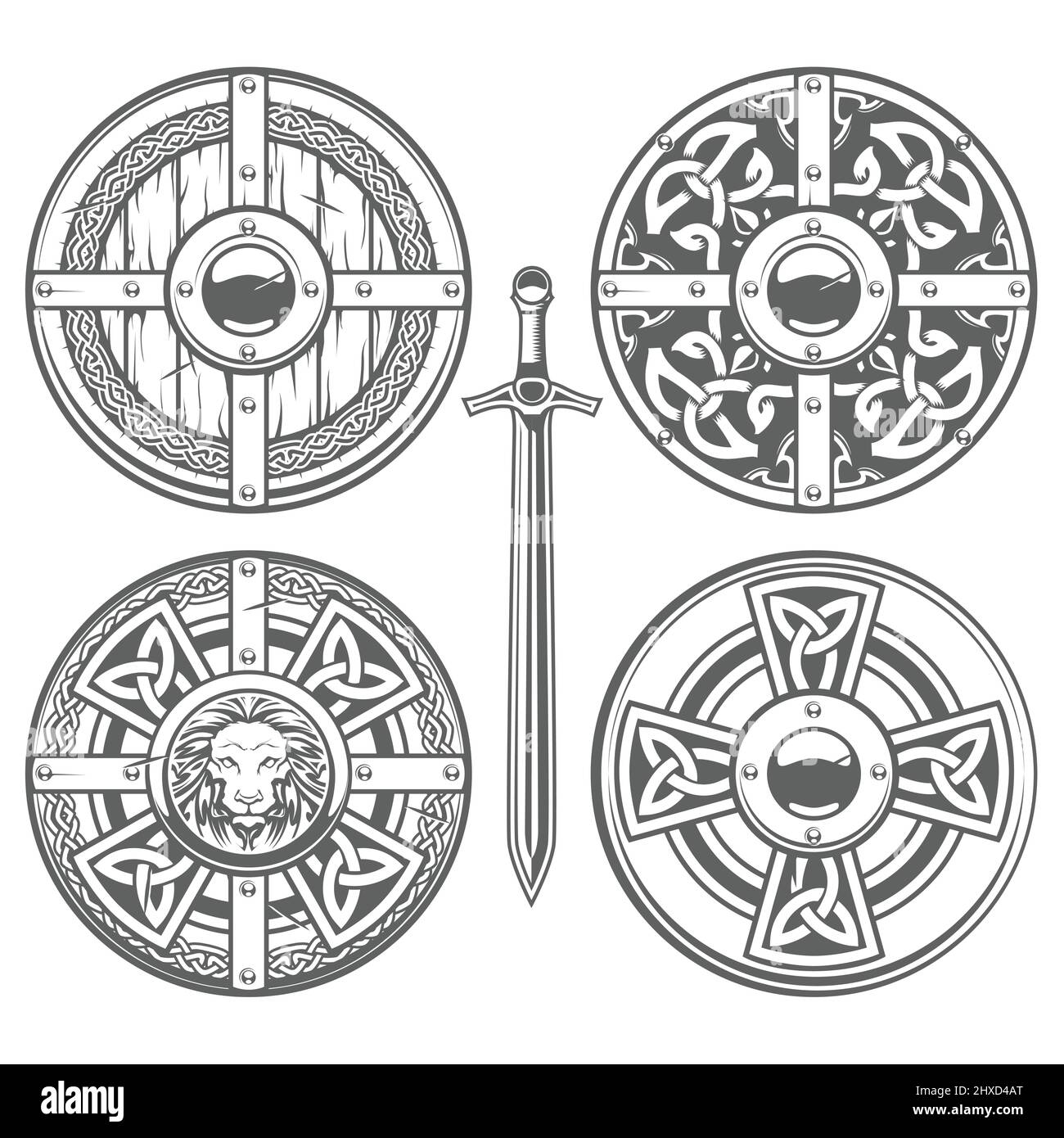 Set of round shields with celtic pattern and medieval ornaments, knight armor, chivalry shields, vector Stock Vector