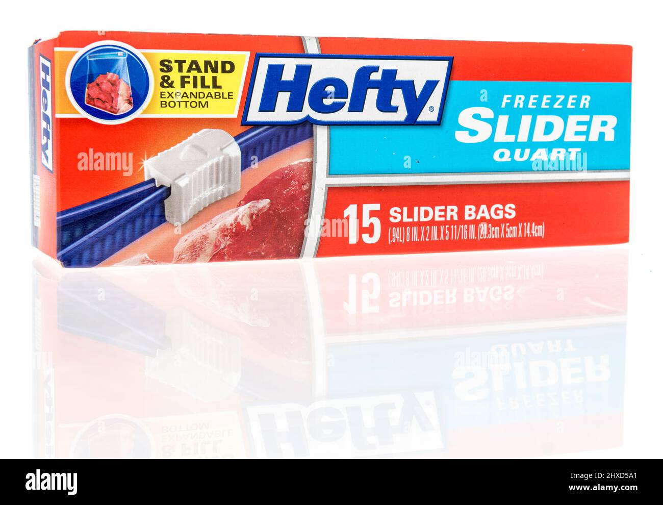 Winneconne, WI -6 March 2021: A package of Hefty stand and fill freezer plastic slider bags on an isolated background Stock Photo