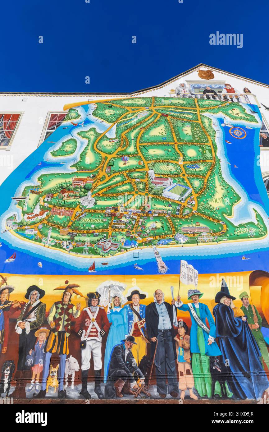 England, Hampshire, Portsmouth, Southsea, The Strand City Map Mural by the Artist Mark C.W.Lewis Stock Photo