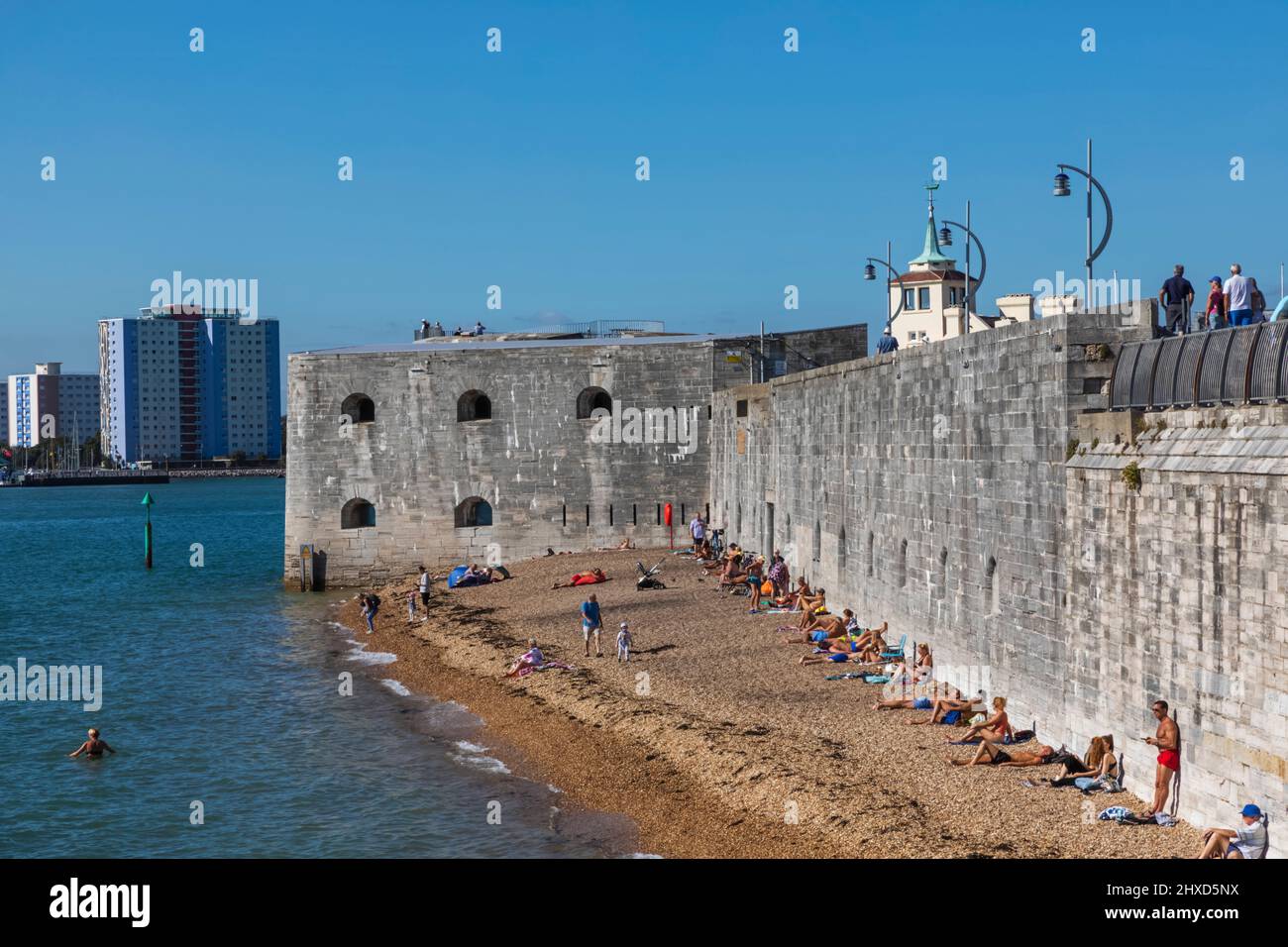 England, Hampshire, Portsmouth, Old Portsmouth, Town Walls and Beach Scene Stock Photo