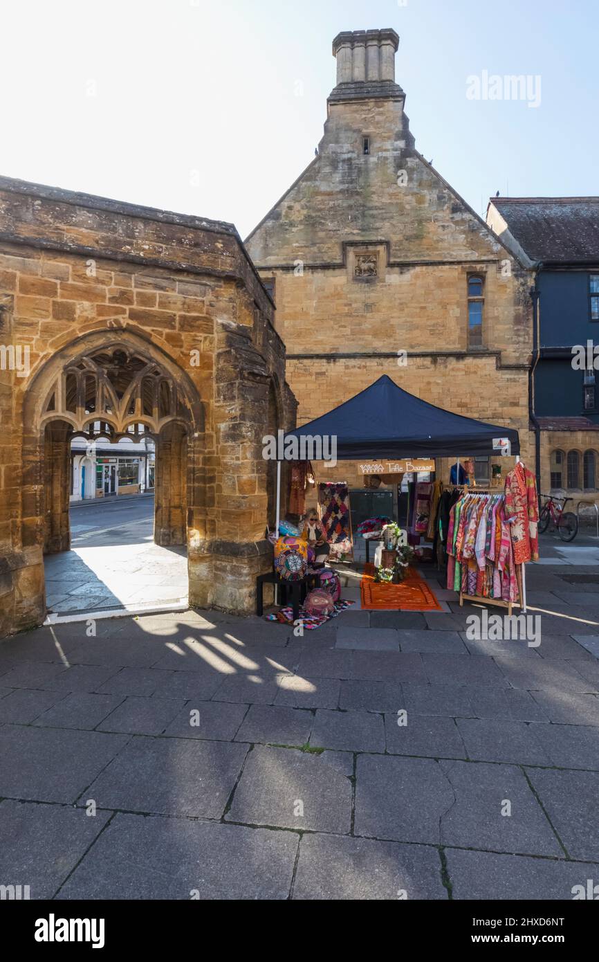 England, Dorset, Sherborne, Colourful Market Day Stall and The Conduit Stock Photo