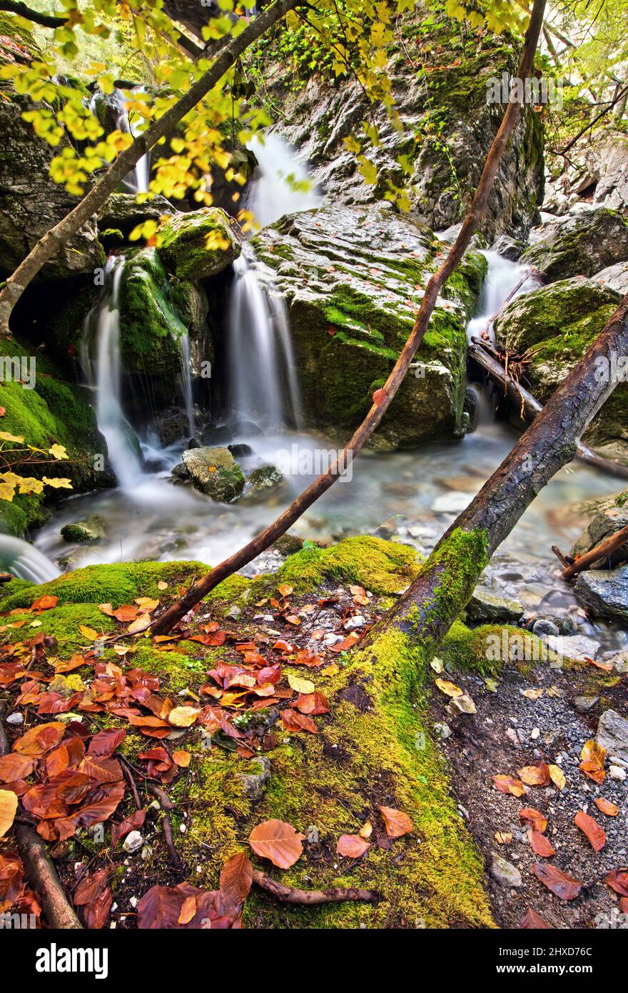 Small waterfall of Enipeas river close to Prionia, Olympus mountain Pieria, Central Macedonia, Greece. Stock Photo