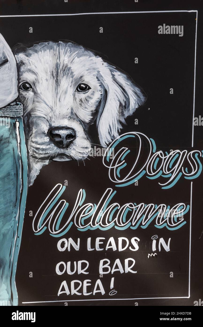 England, Dorset, Wimborne, Amusing Dogs Welcome Pub Sign Stock Photo