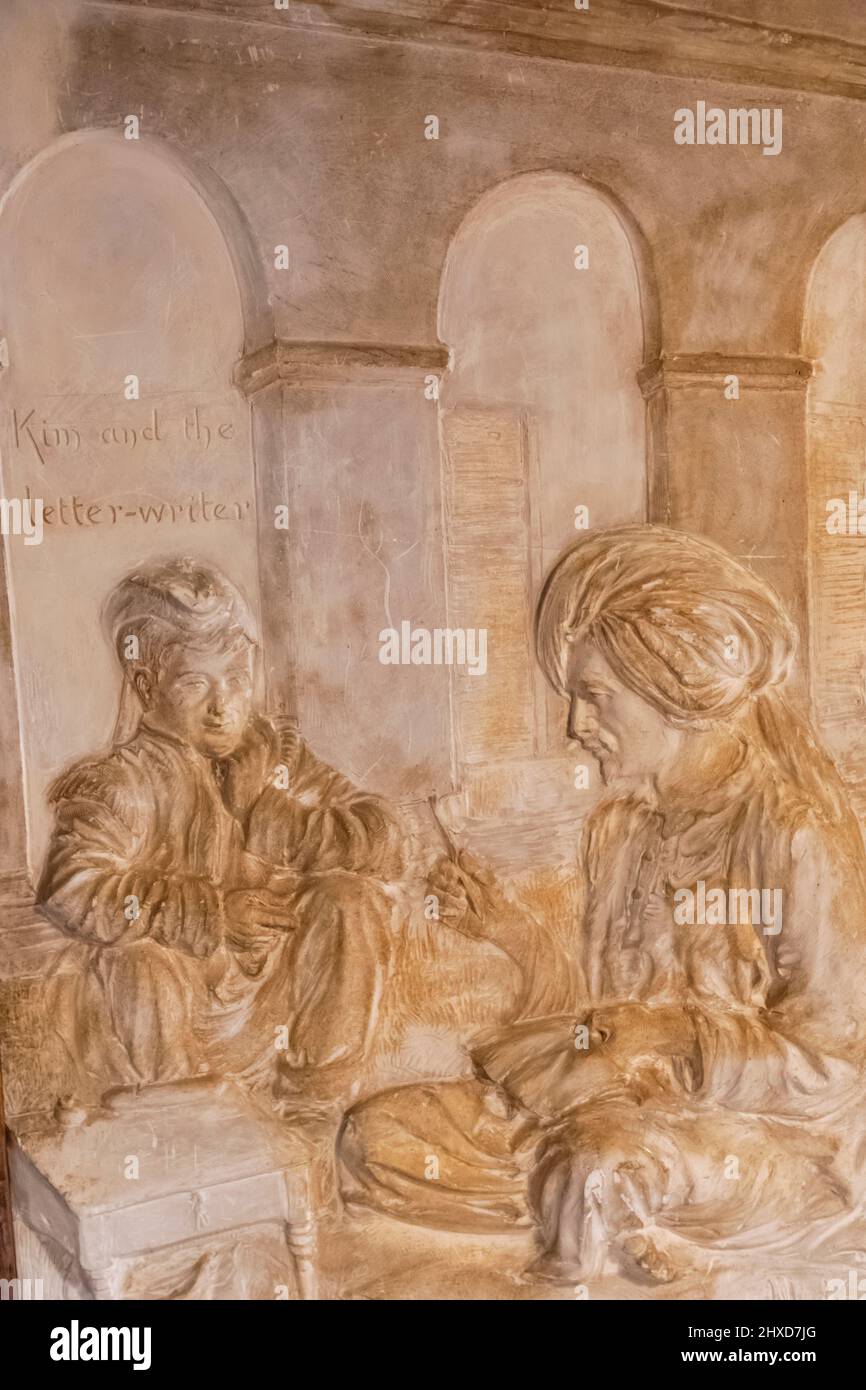 England, East Sussex, Burwash, Bateman's The 17th-century House and Once the Home of the Famous English Writer Rudyard Kipling, Plaster Relief Made by John Lockwood Kipling depicting Scene from Kipling's Books titled 'On the Road' Stock Photo