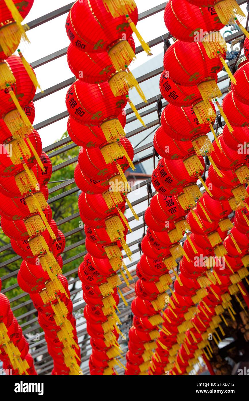 Red lanterns as decoration over a street, Chinatown, Singapore Stock Photo