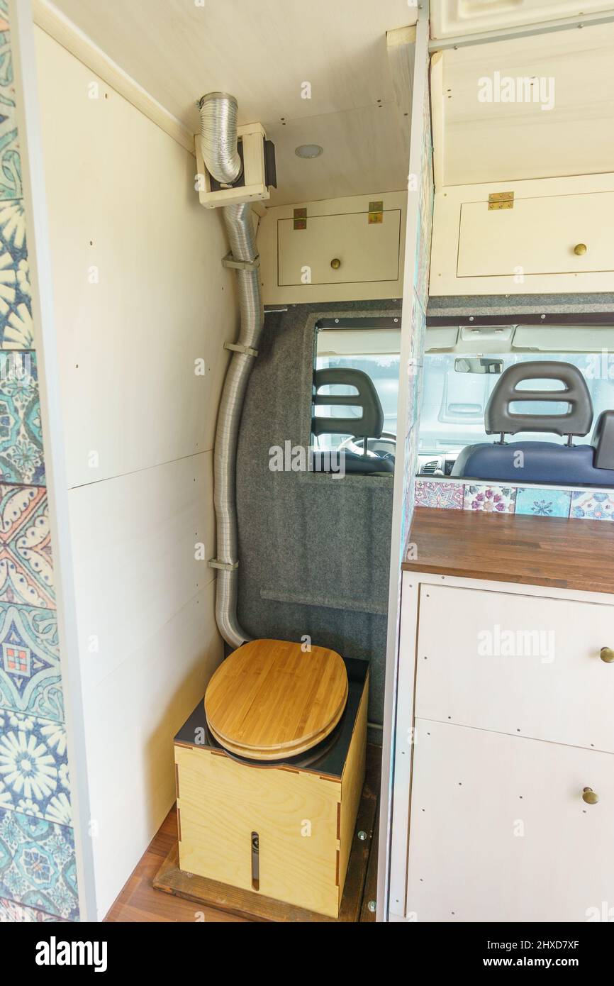 dry composting toilet of a self made camper van transporter Stock Photo