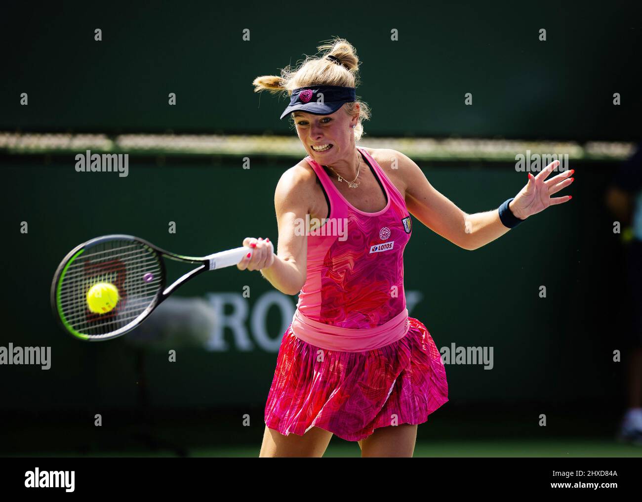 Magdalena Frech of Poland in action against Mayar Sherif of Egypt during the first round of the 2022 BNP Paribas Open, WTA 1000 tennis tournament on March 10, 2022 at Indian Wells