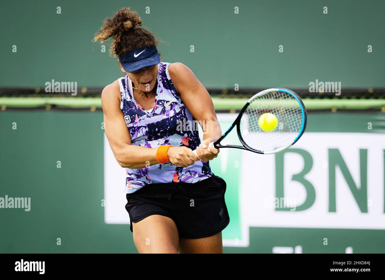 Mayar Sherif of Egypt in action against Magdalena Frech of Poland during the first round of the 2022 BNP Paribas Open, WTA 1000 tennis tournament on March 10, 2022 at Indian Wells