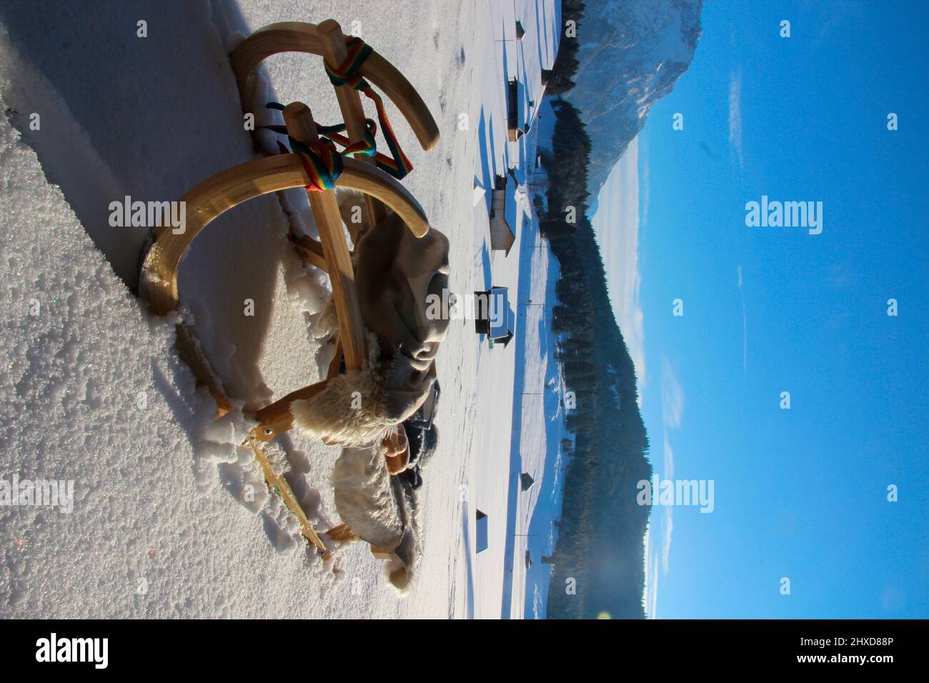Winter hike near Mittenwald, sledding in front of mountain scenery in the snow, Bavaria, Upper Bavaria, Germany, vacation, winter, Stock Photo