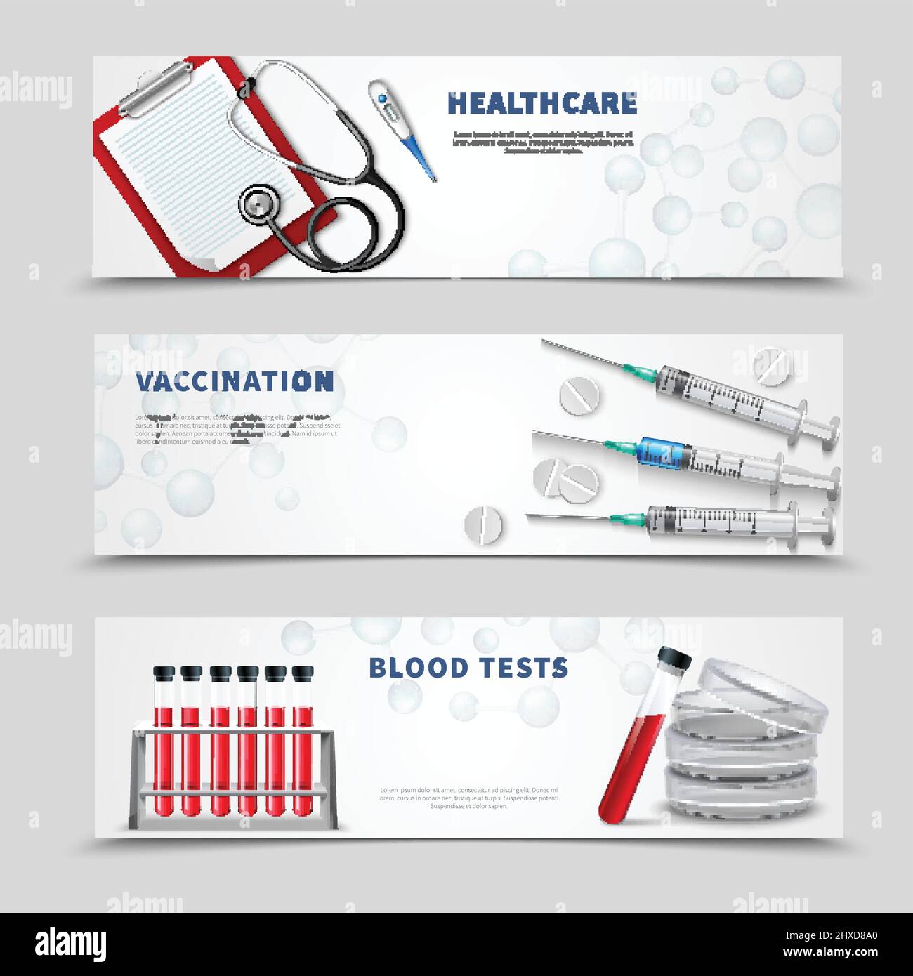 Three horizontal banners set with realistic medical treatment tools