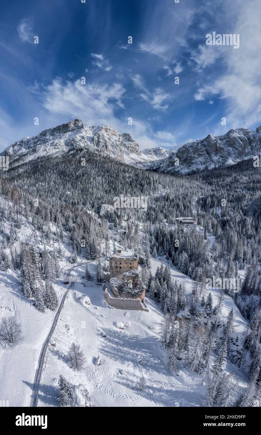 Europe, Italy, Veneto, province of Belluno, Dolomites, the castle of Andraz, ancient medieval fortress in the village of Castello, municipality of Livinallongo del Col di Lana Stock Photo