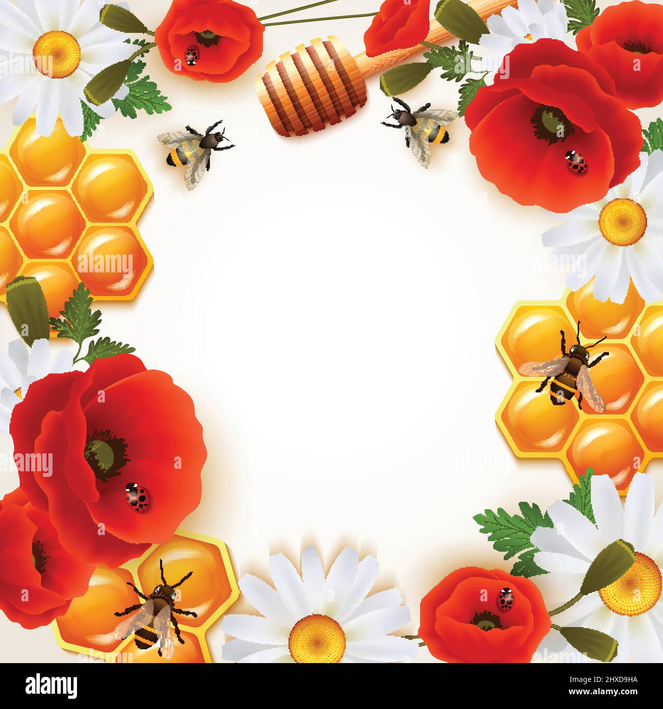Honey colored background with colorful flowers attributes for honey and ...
