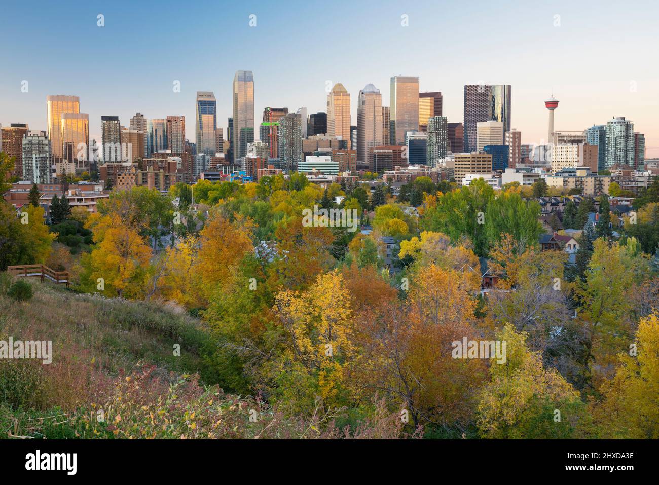Calgary cityscape at dusk, Calgary, Alberta, Canada Stock Photo