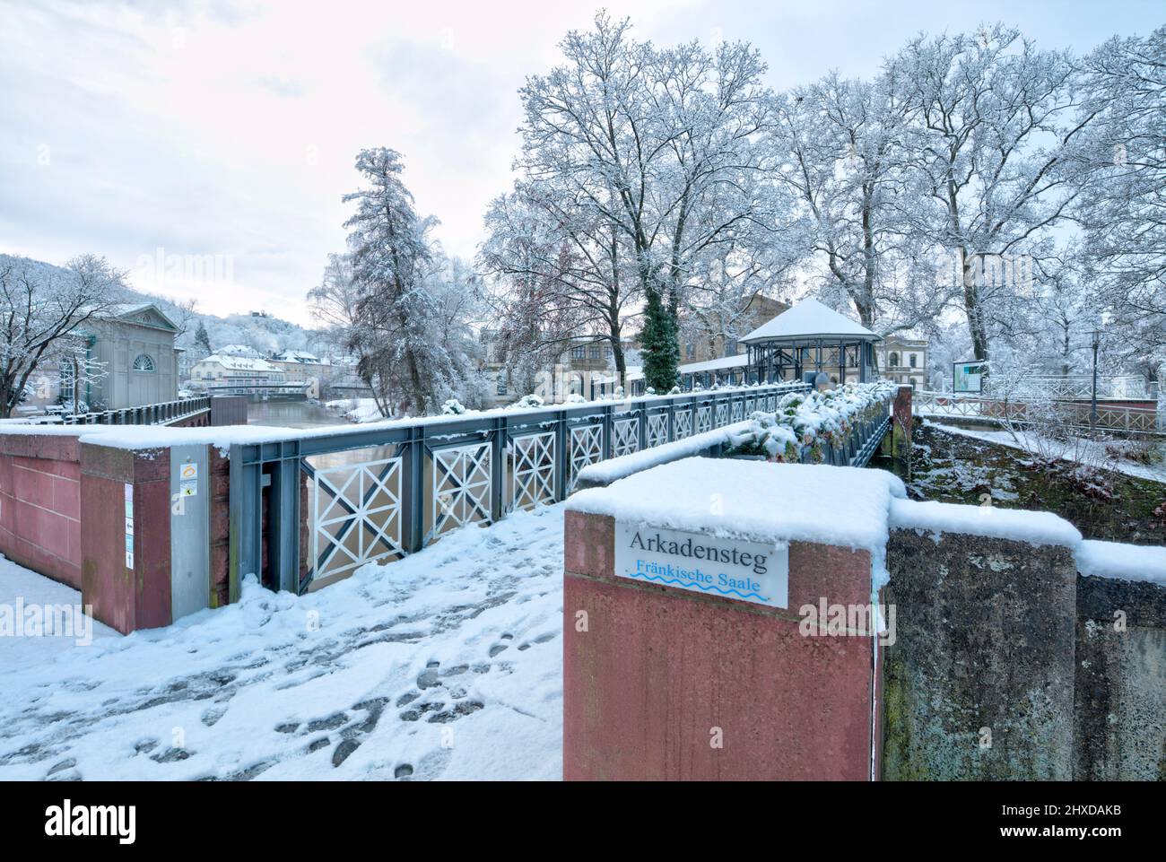 Arcade bridge, Saale, river, casino, Luitpoldbad, winter, fresh snow, Bad Kissingen, Franconia, Bavaria, Germany, Europe Stock Photo