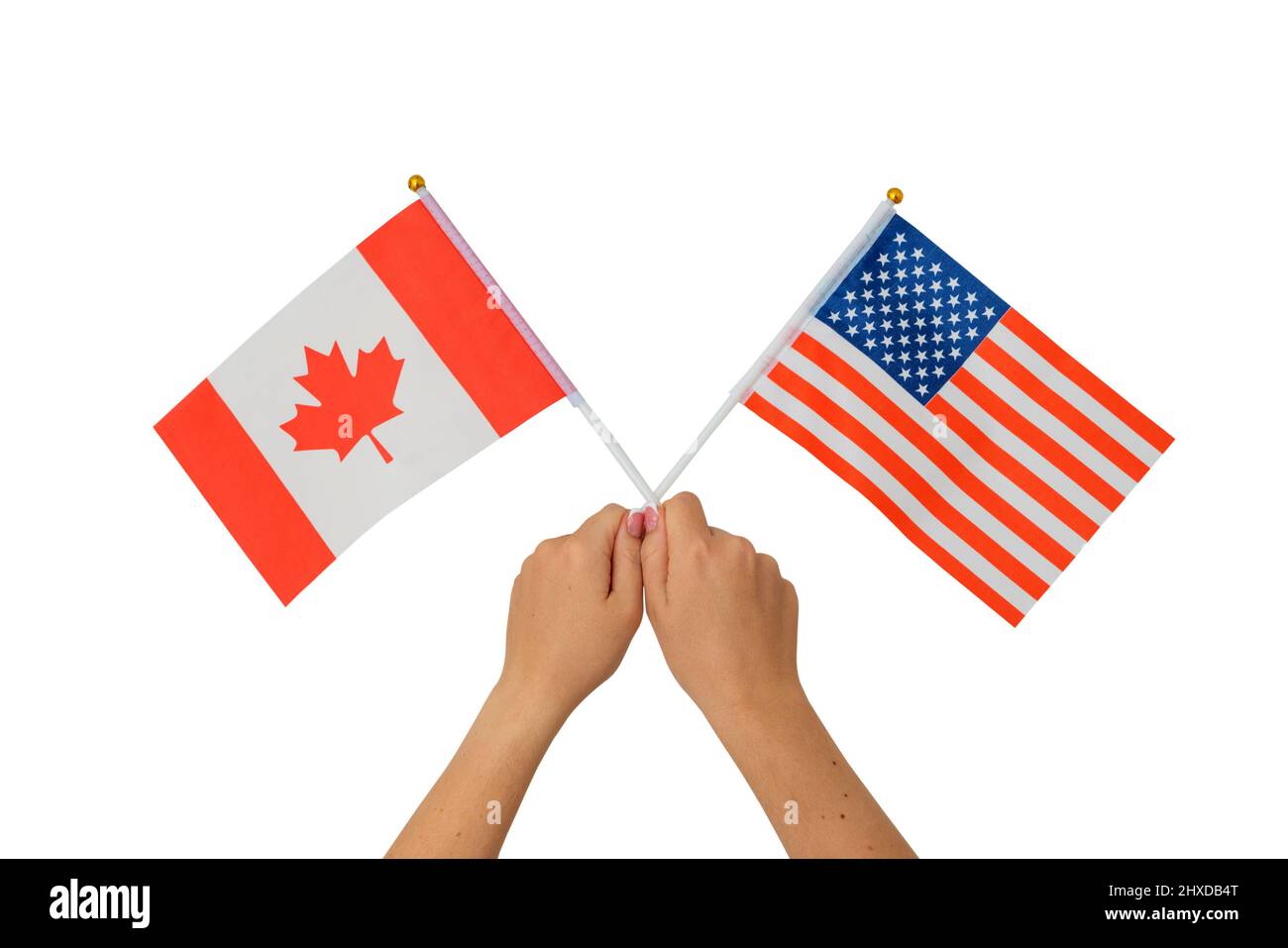 Female hand holding Canadian and American flags, isolated on white background Stock Photo