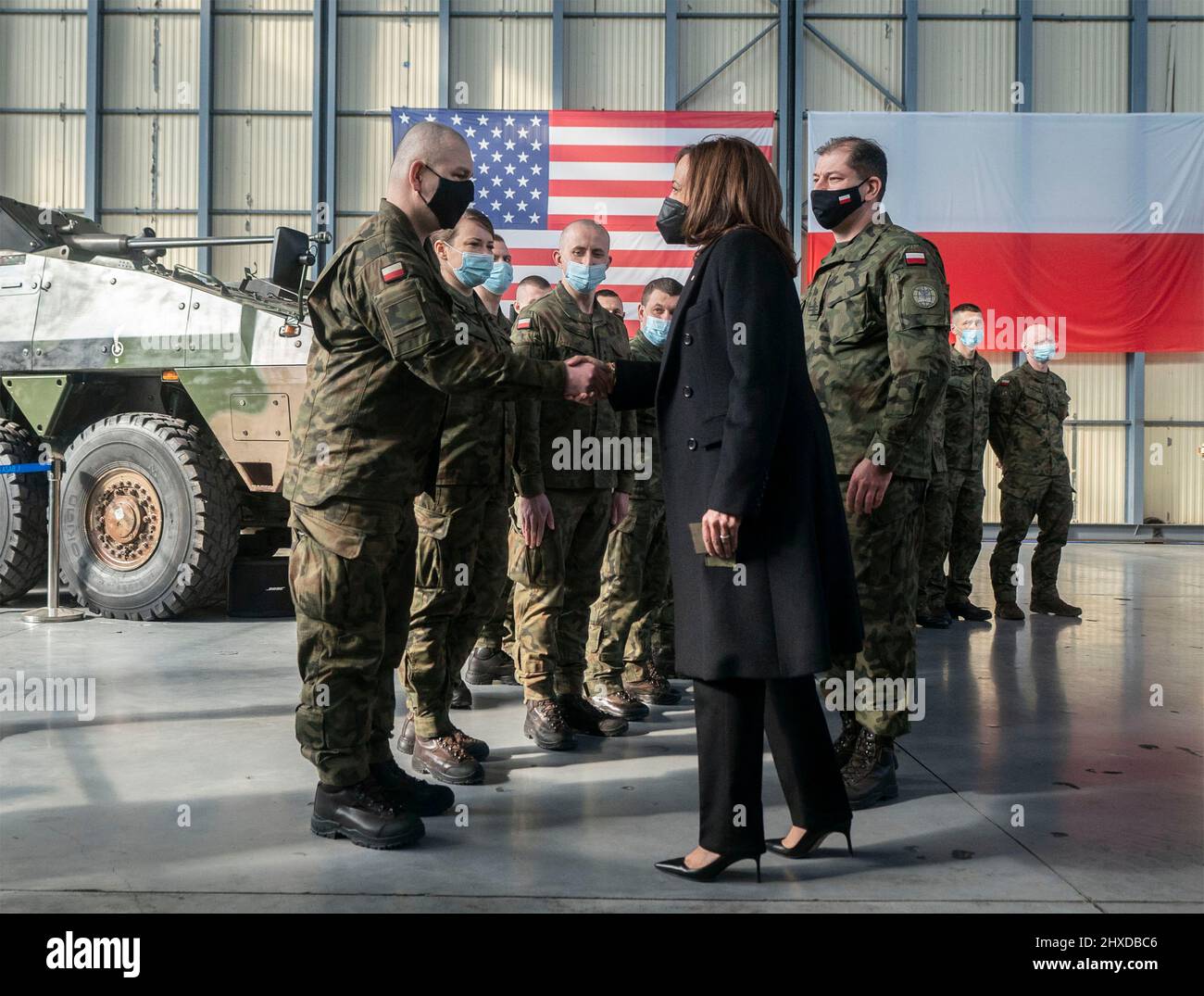 Warsaw, Poland. 11th Mar, 2022. U.S Vice President Kamala Harris, meets with Polish service members before departing for Romania at Warsaw Chopin International Airport, March 11, 2022 in Warsaw, Poland. Harris is in Poland to discuss the Ukraine crisis with NATO allies. Credit: Lawrence Jackson/White House Photo/Alamy Live News Stock Photo