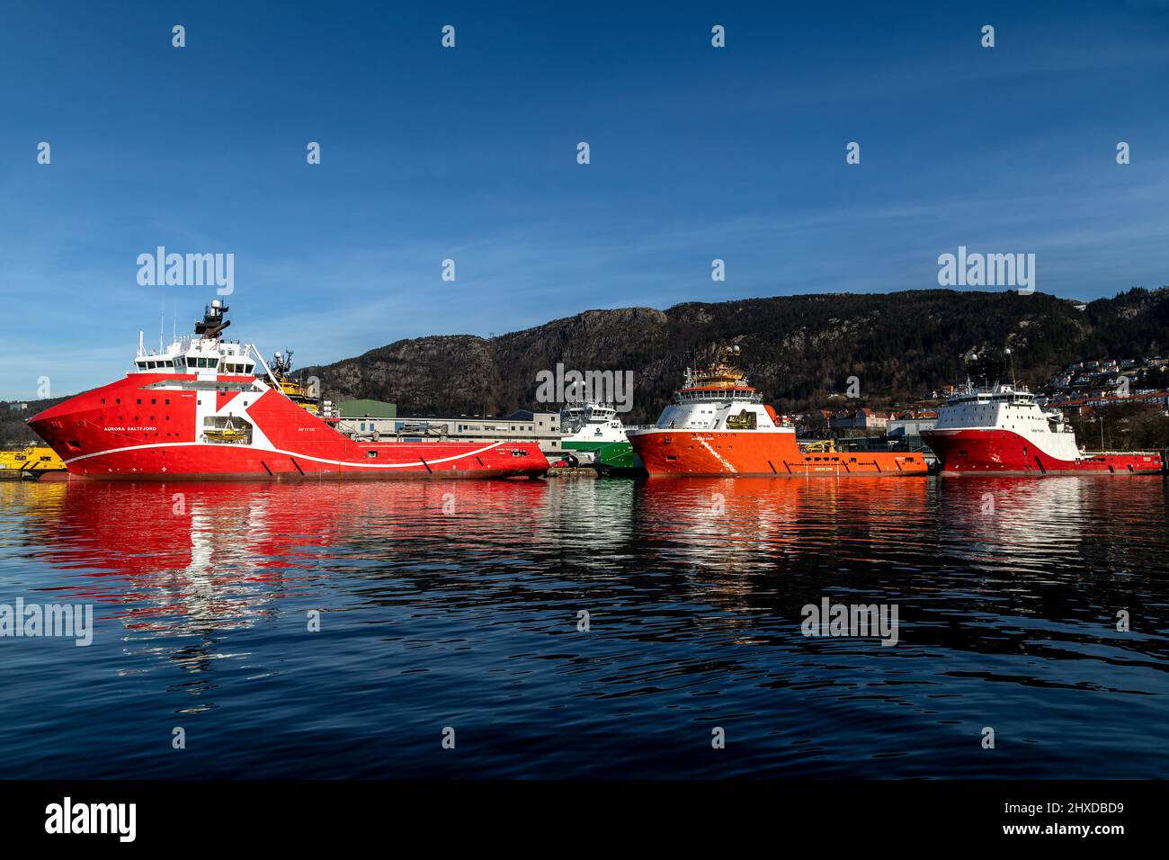 Offshore supply vessels Aurora Saltfjord, Normand Sigma and Siem Pearl at Skolten quay in bergen, Norway. Stock Photo