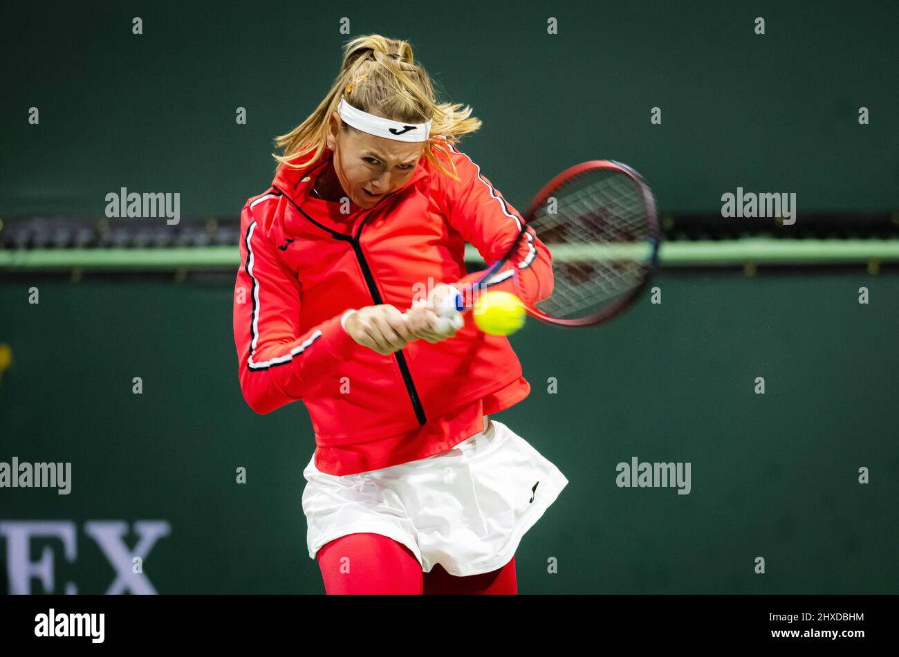 Marie Bouzkova of the Czech Republic in action against Wang Qiang of China during the first round of the 2022 BNP Paribas Open, WTA 1000 tennis tournament on March 10, 2022 at Indian Wells Tennis Garden in Indian Wells, USA - Photo: Rob Prange/DPPI/LiveMedia Stock Photo