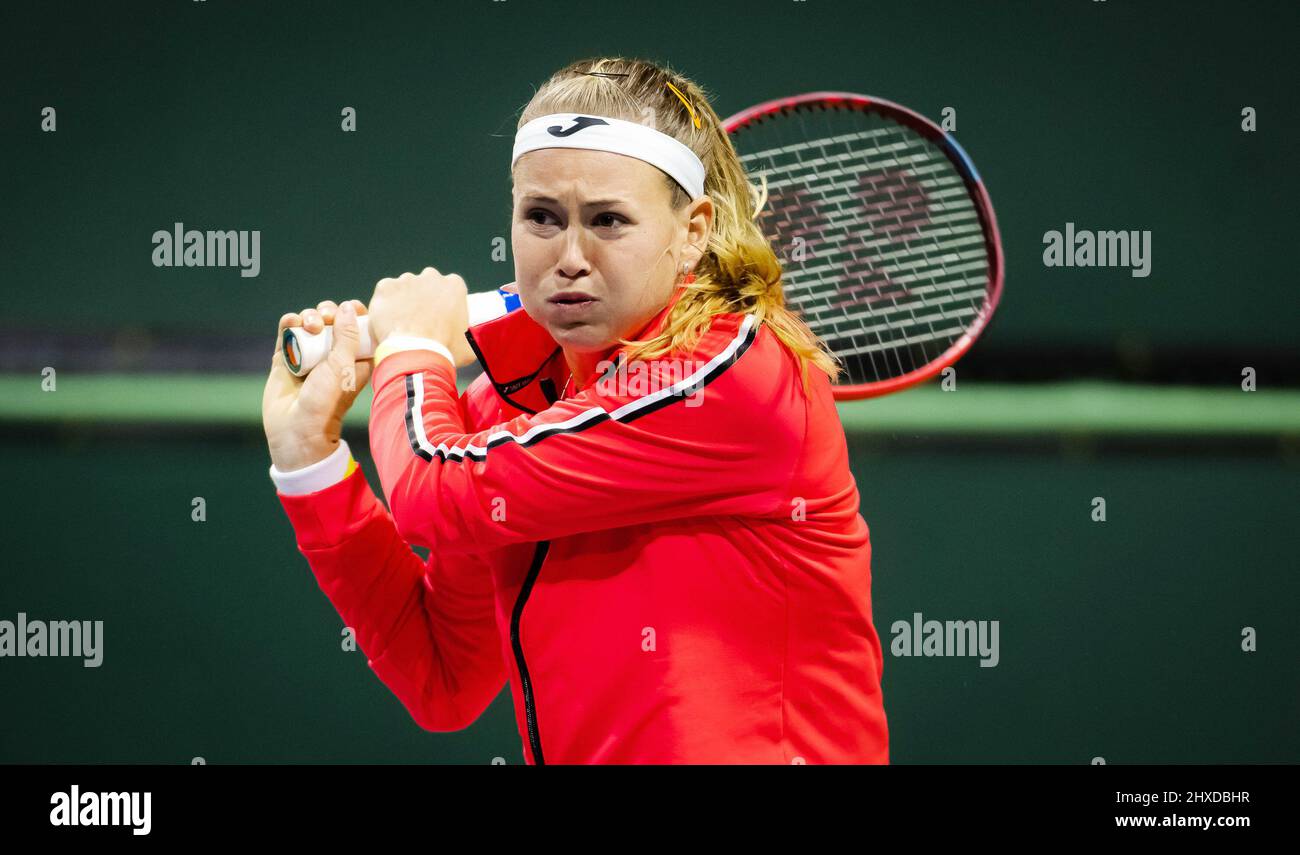 Marie Bouzkova of the Czech Republic in action against Wang Qiang of China during the first round of the 2022 BNP Paribas Open, WTA 1000 tennis tournament on March 10, 2022 at Indian Wells Tennis Garden in Indian Wells, USA - Photo: Rob Prange/DPPI/LiveMedia Stock Photo