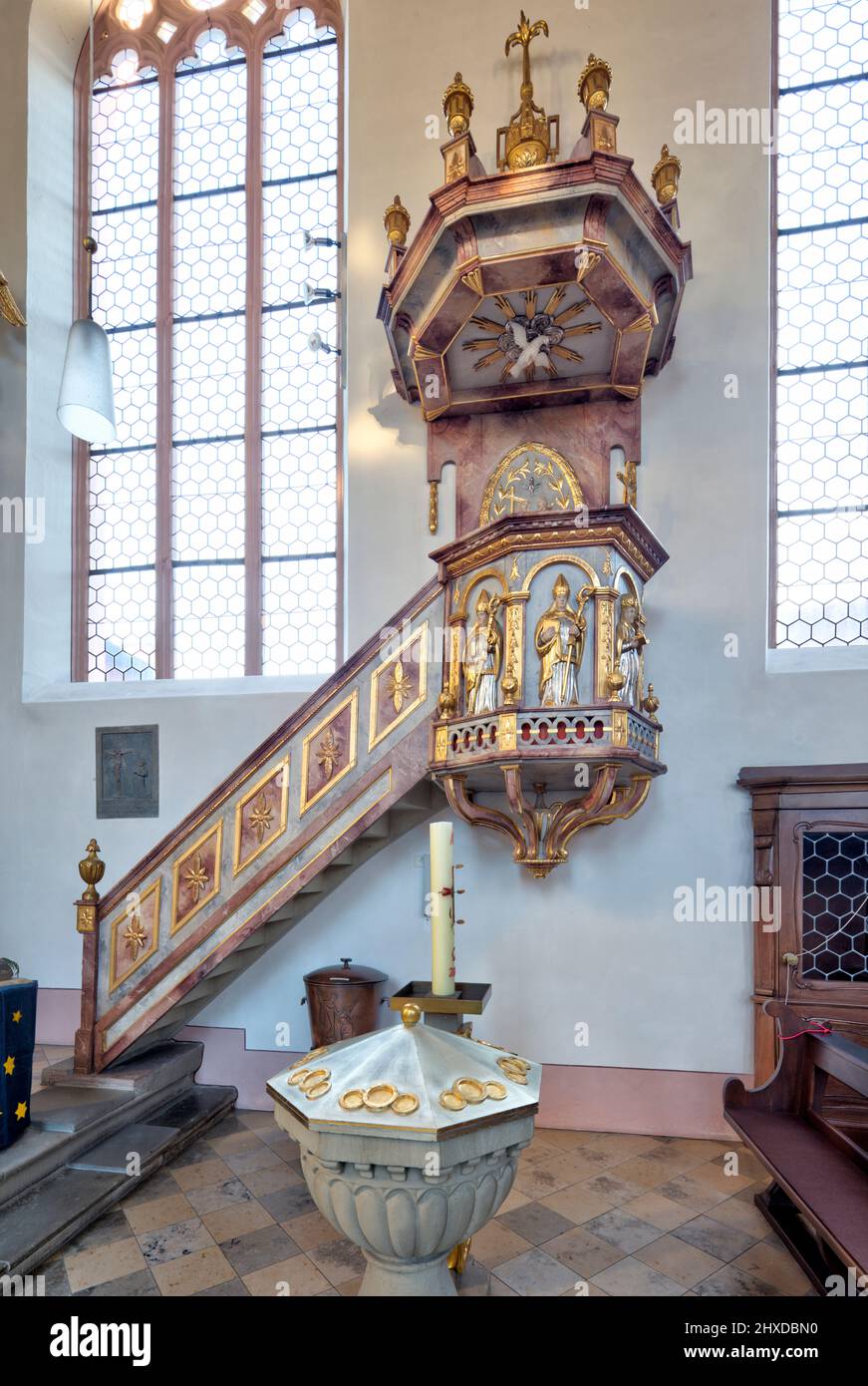 Catholic parish church of St. Nicholas, pulpit, baptismal font, fortified church, interior