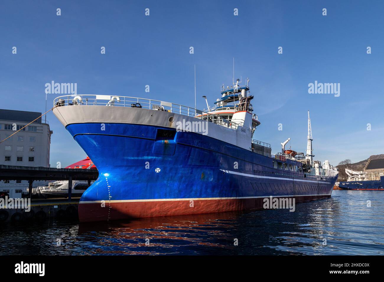 Aqua Kvaloy (Kvaløy), a service vessel for aqua, fish farming -  at quay in the port of Bergen, Norway Stock Photo