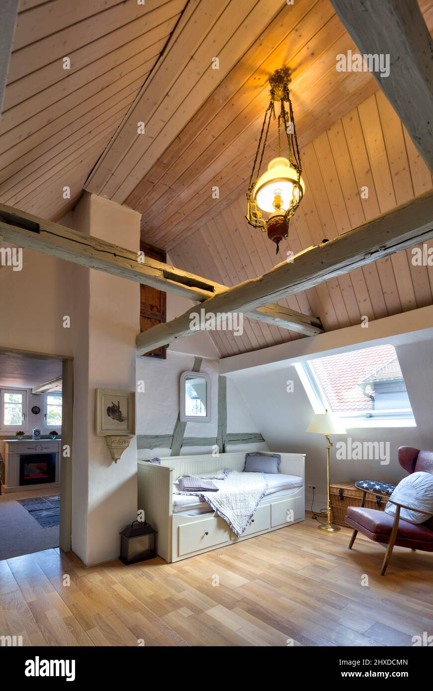 Photo reportage with text, Obere Gasse No 7, homestory, bedroom, wooden floor, open beam ceiling, renovation, interior, Rothenfels, Main Spessart, Franconia, Bavaria, Germany, Europe Stock Photo