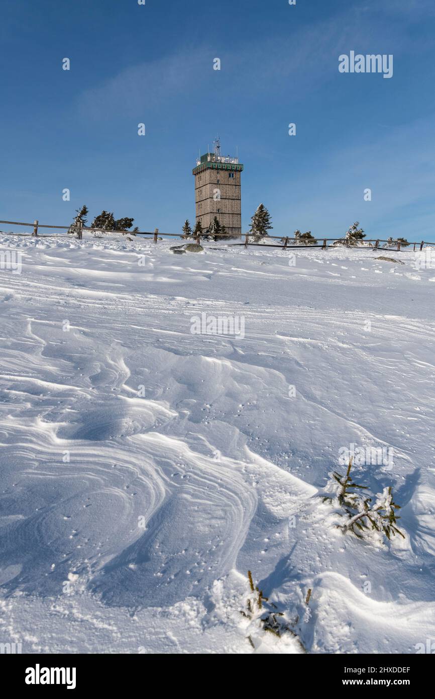 The Brocken is with 1141, 2 m the highest mountain in the low mountain range Harz, in Saxony-Anhalt and in whole Northern Germany. Stock Photo