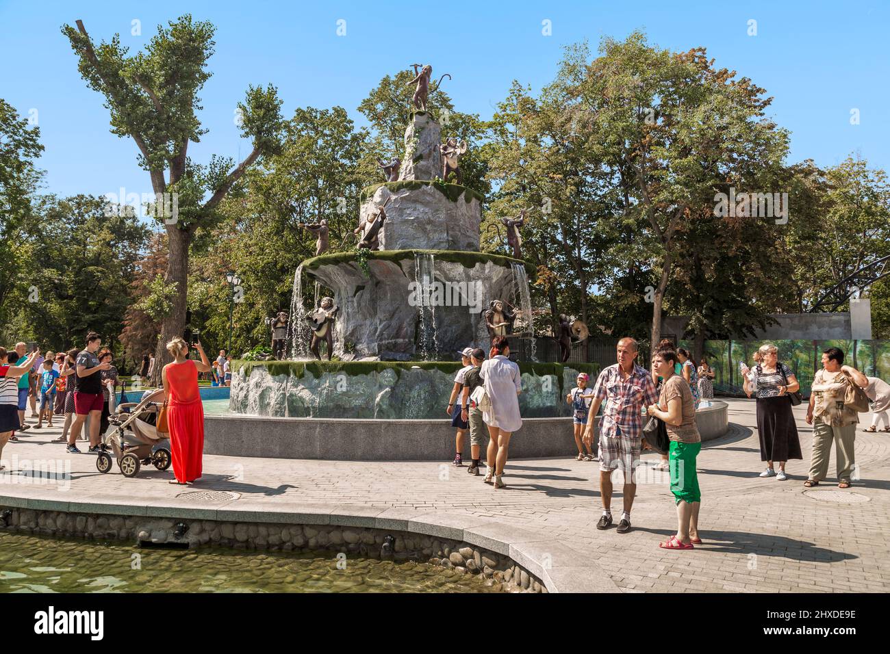 KHARKOV, UKRAINE AUGUST 24, 2019 This is a musical fountain with monkeys at the entrance to