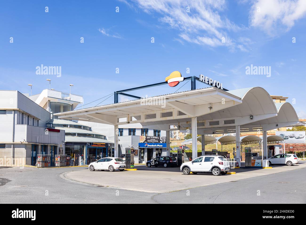 Huelva, Spain - March 6, 2022: Repsol gas station. Service and vehicle refueling station of the multinational company Repsol Stock Photo