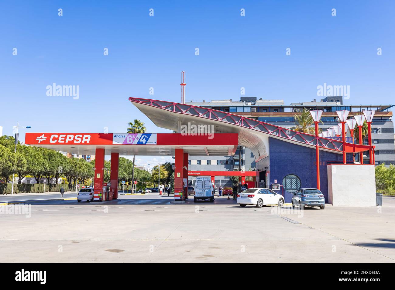 Huelva, Spain - March 6, 2022: Cepsa gas station. Service and vehicle refueling station of the multinational company Cepsa Stock Photo