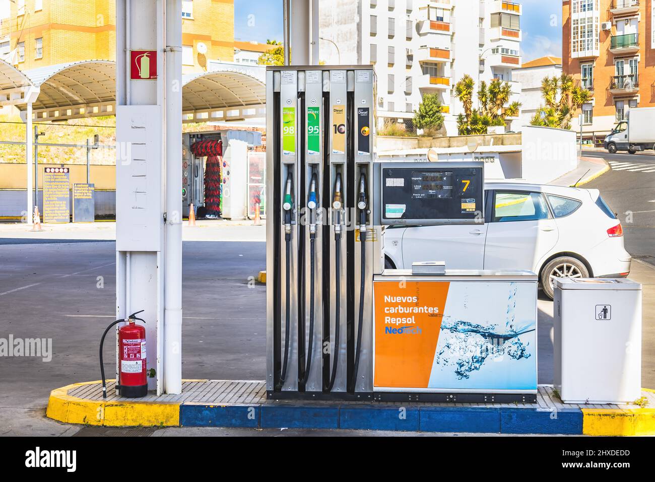 Huelva, Spain - March 10, 2022: View of a petrol pump at a gas Repsol station Stock Photo