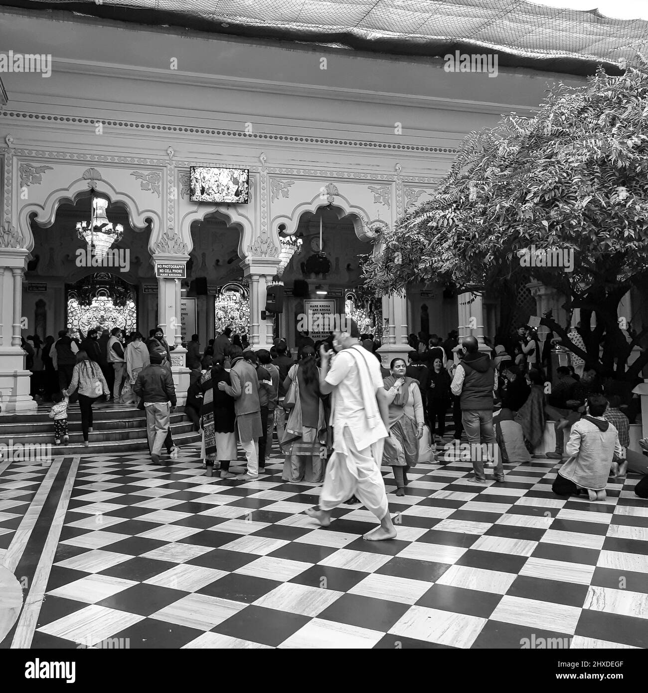 Vrindavan, India, February 12 2022 Pilgrims in ISCON temple during