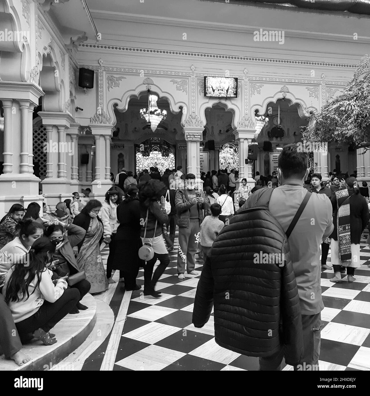 Vrindavan, India, February 12 2022 Pilgrims in ISCON temple during