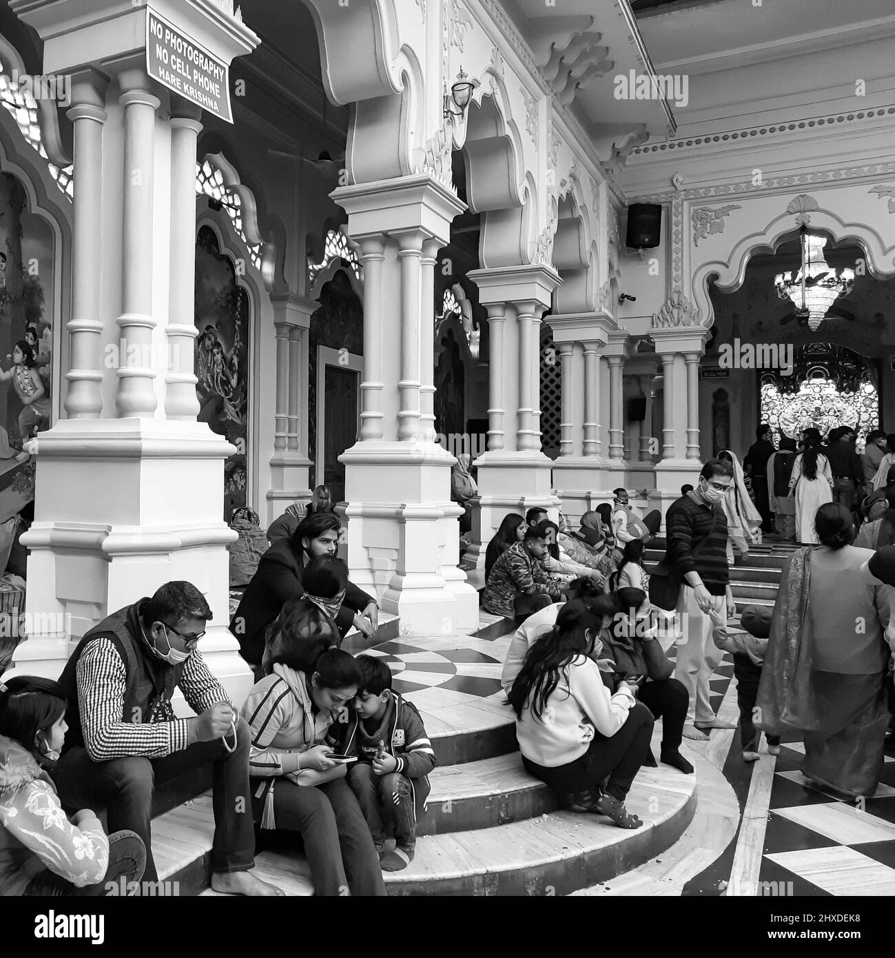 Vrindavan, India, February 12 2022 Pilgrims in ISCON temple during